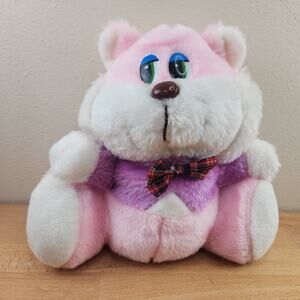Vintage 80s Pink & Purple Cat Plush Toy With Bow Tie- Taiwan- 9"